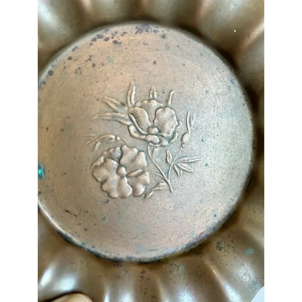 Vintage Copper Scalloped Dish Embossed Floral Poppy Design Trinket Tray
